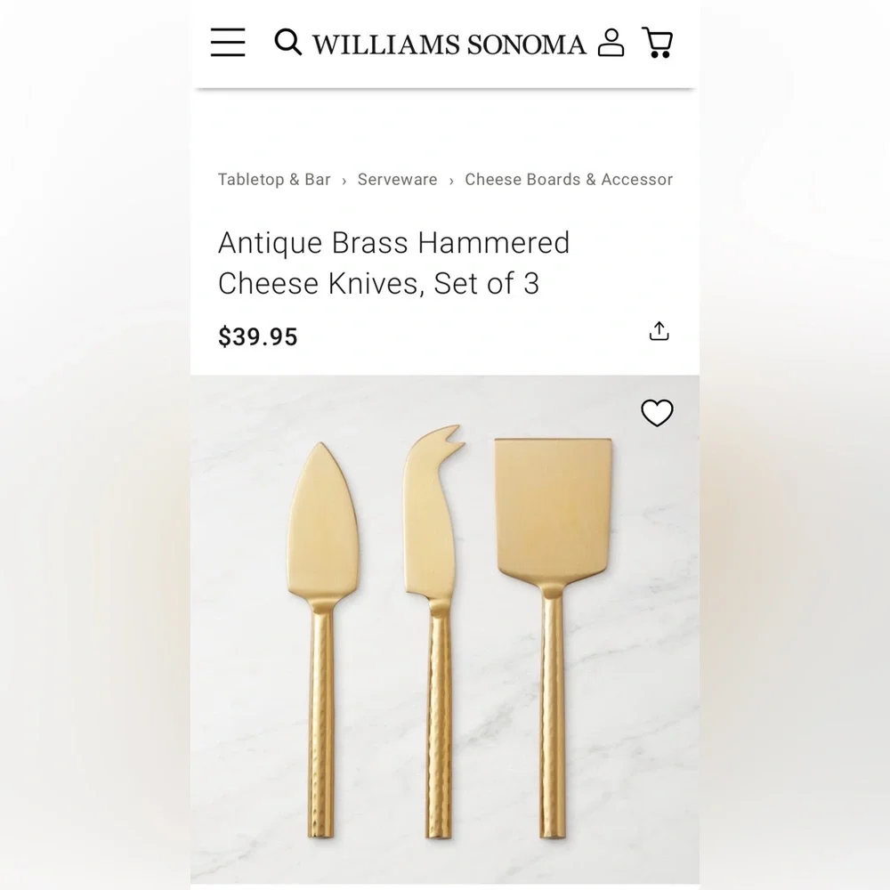 Williams Sonoma Hammered Brass Cheese Knives Set